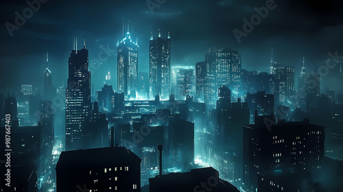 Somber dystopian gotham city at night. City at Night. Illustration