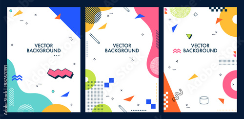 Modern Memphis posters with abstract geometric shapes. Vibrant vector backgrounds, vertical covers or cards with bold colors and playful patterns, dynamic visual composition with retro-futuristic vibe