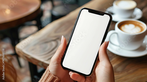 A person holds a smartphone with a blank screen in a cafe.