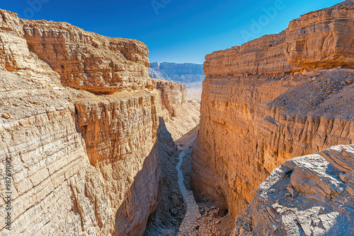 A breathtaking view of a majestic canyon with clear blue skies, showcasing the stunning geological formations and the sunlit landscape in natural beauty.