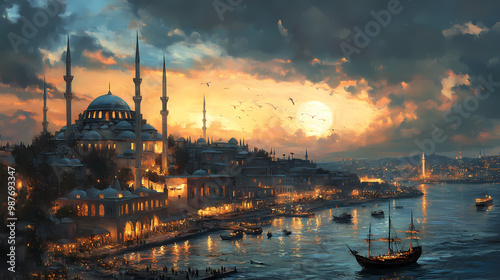 Vintage oil painting landscape view of istanbul with a majestic mosque at night during ottoman empire. Byzantine Empire. Illustration