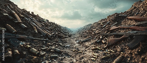 Remnants of Conflict: Abandoned Trench with Discarded Weapons under Empty Sky for War Aftermath Message