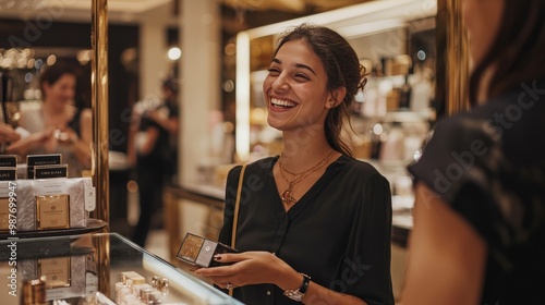 A happy customer enjoying a members-only event in a luxury store, with personalized gifts and attentive staff, showcasing the exclusive and valued experience of membership