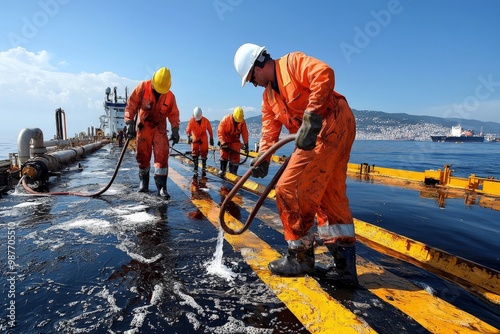 An oil spill containment operation in progress, with specialized equipment and workers mitigating the environmental impact, emphasizing the industry's response to ecological risks