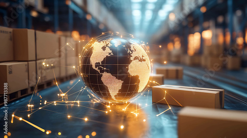 A glowing globe surrounded by a network of lines, with cardboard boxes in the background, representing global trade and logistics.