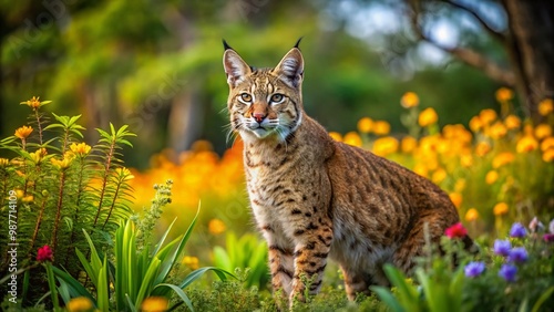 Majestic Florida Bobcat in Natural Habitat Surrounded by Lush Vegetation and Wildflowers