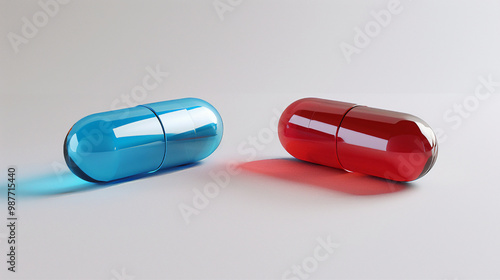 Red and blue pills capsules isolated on white background 