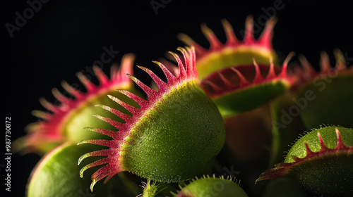 This striking close-up macro photograph captures the detail and texture of a Venus flytrap plant's open spiky leaves, emphasizing its unique and exotic carnivorous nature in vivid detail.