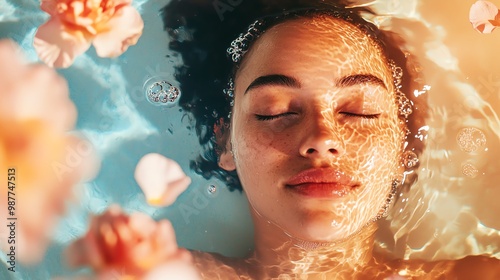 A serene moment captured with a woman peacefully floating in water surrounded by delicate rose petals.