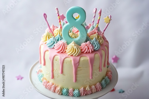 image of an 8th birthday cake in soft pastel colors.