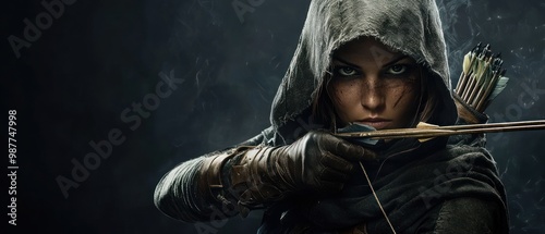 A medieval woman assassin mysterious a hood and a crossbow weapon background wallpaper AI generated image