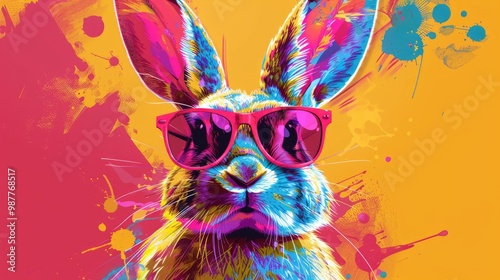 A colorful rabbit wearing sunglasses against a vibrant background. The rabbit has a cool and confident expression.