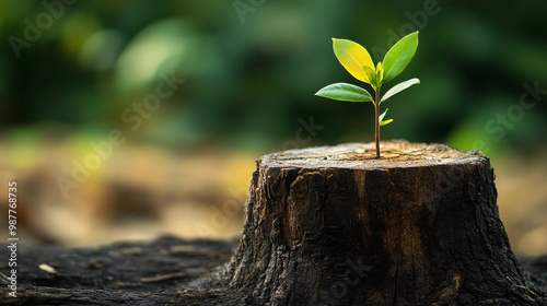 A young plant grows from a tree stump, symbolizing renewal and resilience in nature, Młoda sadzonka wyrastająca z starego, obumarłego pnia drzewa.