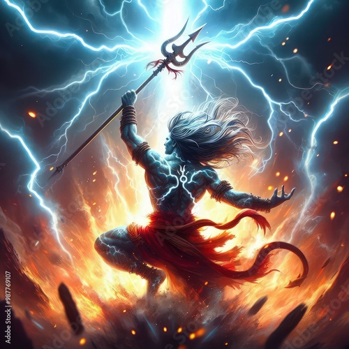 Powerful Lord Shiva holding trident surrounded by lightning.