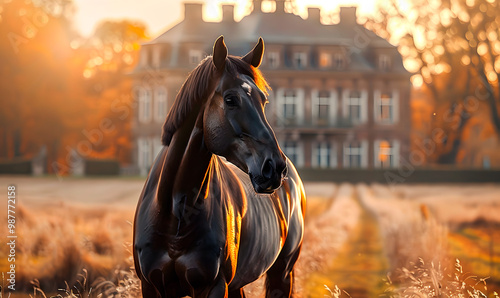 Close-up of a warmblood horse in front of a mansion or riding estate in the afternoon.