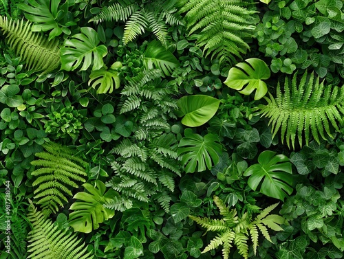 A vertical garden filled with a variety of ferns and vines, creating a living wall of greenery