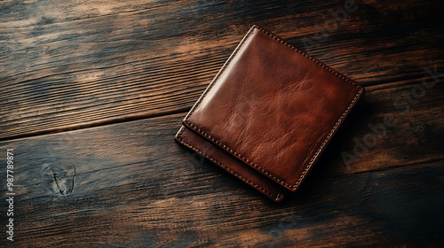 Brown leather wallet on dark wood background.