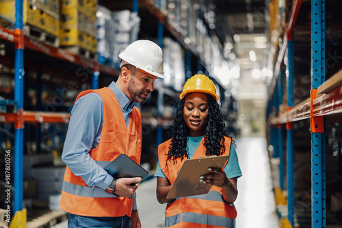 Diverse employees inspects inventory with focus amidst stock shelves.