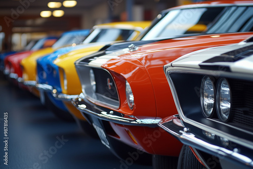 A vibrant display of American muscle cars lined up, showcasing their powerful legacy and design