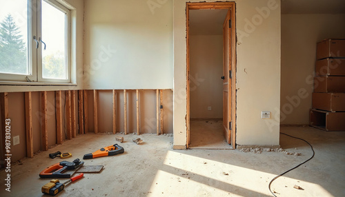 Kitchen renovation scene with old sheetrock removal and new cabinets awaiting installation.