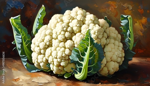 Classic oil painting depicting a cauliflower from a top-down perspective