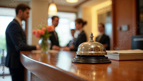  Elegant hotel reception bell on a wooden counter, embodying hospitality and professionalism.