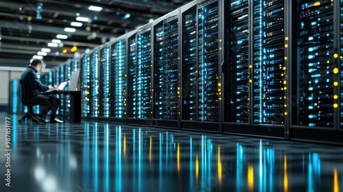 Data Center Server Room With Technician Working On Laptop