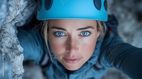 Female climber gripping a steep rock face, showcasing focus and skill during a difficult mountain ascent in an adventurous outdoor setting