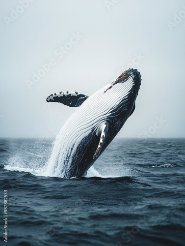 Stunning shot of a humpback whale breaching out of the ocean, capturing the majestic moment in midair with water splashing around, set against a dramatic sky and sea background