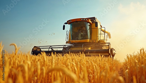 Combine harvester efficiently working in a sun-soaked rice field during harvest season.