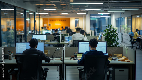 a bustling corporate office environment, viewed across a large, open floor plan. Numerous employees are seated at their desks, deeply focused on their computer screens, indicative of a typical busy wo