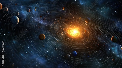 Colorful and vibrant image of the solar system with the sun in the center. The planets are scattered throughout the image, with some closer to the sun and others further away. Scene is one of wonder