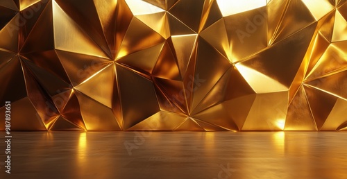 Gold wall with triangles and a gold floor. The wall is made of gold paper and the floor is made of gold metal. The room has a warm