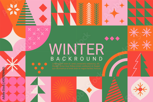 Bright winter geometric banner in flat style. Geometry minimalistic design with simple shapes and winter symbols, snowflake, christmas tree for flyer,web,poster,templates,cover design, label.Vector