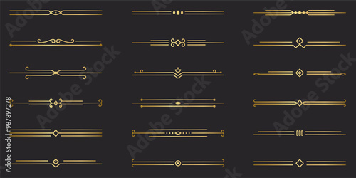 Gold text dividers doodle set. Wedding decorative elements. Divider ornament, borders, vintage line separators. Hand drawn vector illustration isolated on white background