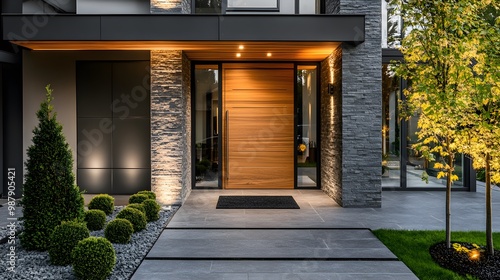 Modern entrance, simple wooden front door, simple white house facade with brown natural wood door