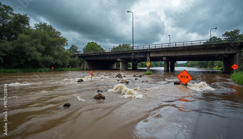 Flooded road with debris blocking a bridge, emphasizing danger and urgency.