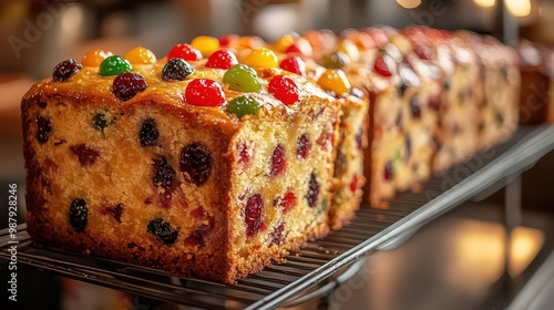  Freshly baked fruitcake topped with colorful glazed fruits is ready for holiday celebrations and festive feasts.