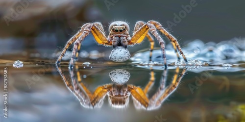 Close-up of an adult female wolf spider carrying an egg sac, gliding over a reflective water surface.