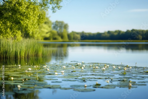 Peaceful lake with lily pads, calm water, and green trees on the horizon, Tranquil nature scene