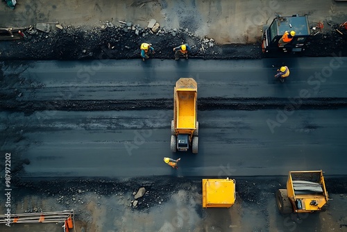 upper angle view of a construction team working on the road.