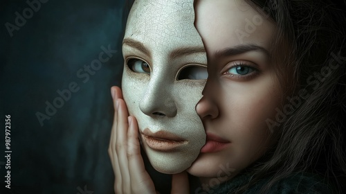 Woman removing a cracked mask from her face, symbolizing the concept of revealing one's true self or hidden emotions