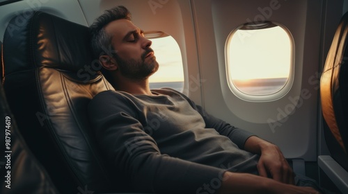 A calm man, comfortably seated, takes a nap near the windows on a plane during a flight, capturing a serene travel moment.