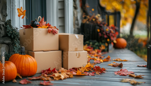 Cardboard boxes and pumpkins on a porch decorated with autumn leaves, banner image with copy space