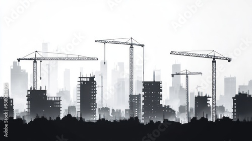 Silhouette of urban construction, with multiple buildings and cranes dotting the skyline, reflecting the growth and expansion of a city.