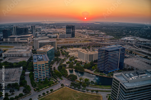 Aerial View of the Plano, Texas Business District during Summer Sunset