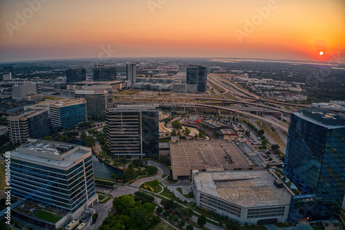 Aerial View of the Plano, Texas Business District during Summer Sunset