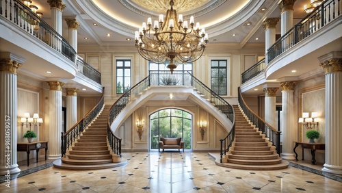 Luxurious grand foyer with dual staircases and elegant chandelier, luxury, grand, foyer, dual staircases