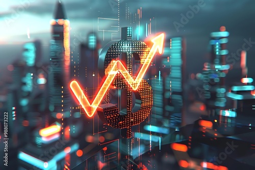 A digital representation of financial growth with a dollar sign and upward trend in a cityscape.