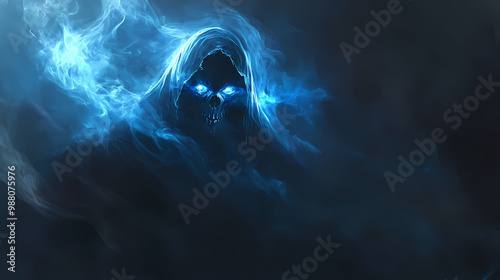 A mysterious djinn grim reaper emerging from smoke glowing eyes piercing through the darkness. Djinn. Illustration